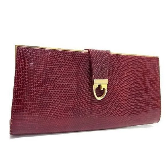 Gucci Burgundy Red Lizard Reptile Leather 2-way Clutch w Gold Chain Strap - Picture 6 of 6